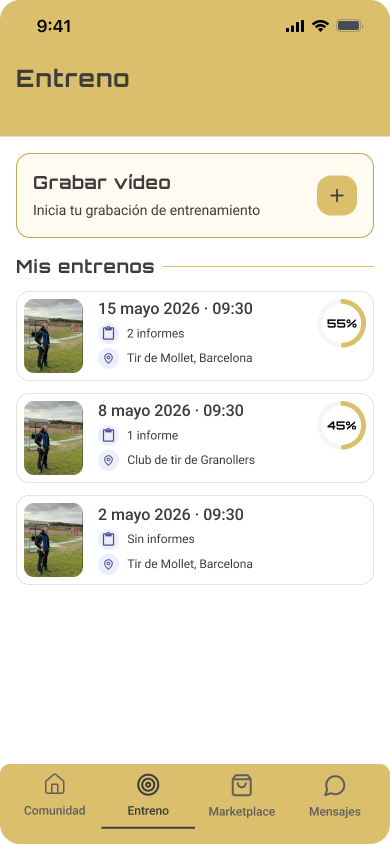 Training section — list of recorded training sessions with date, location and aim percentage