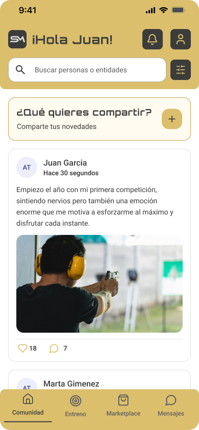 Community feed — posts from shooters around the world with photos, likes and comments